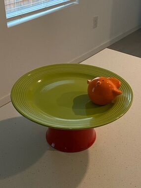 Ceramic Cake Stand with Decorative Bird - Green & Orange